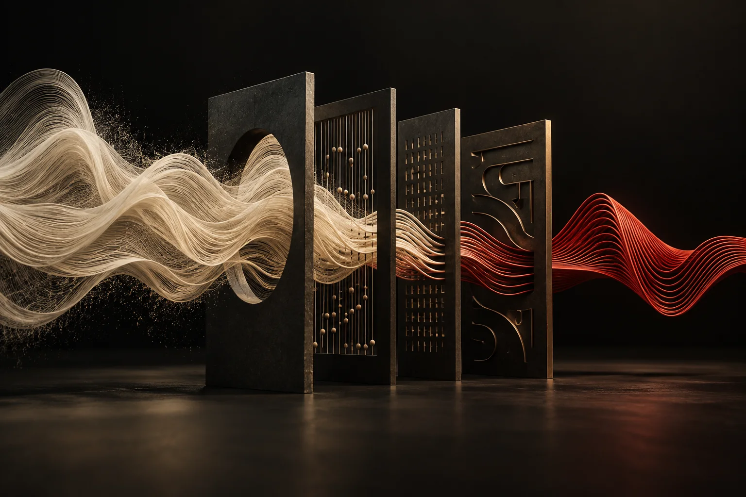 Editorial artwork of speech waves passing through language alignment gates