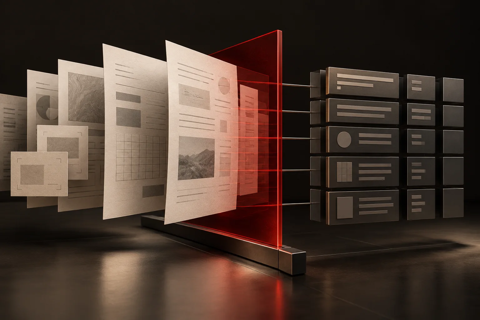 Editorial artwork of documents passing through a validation plane into structured fields