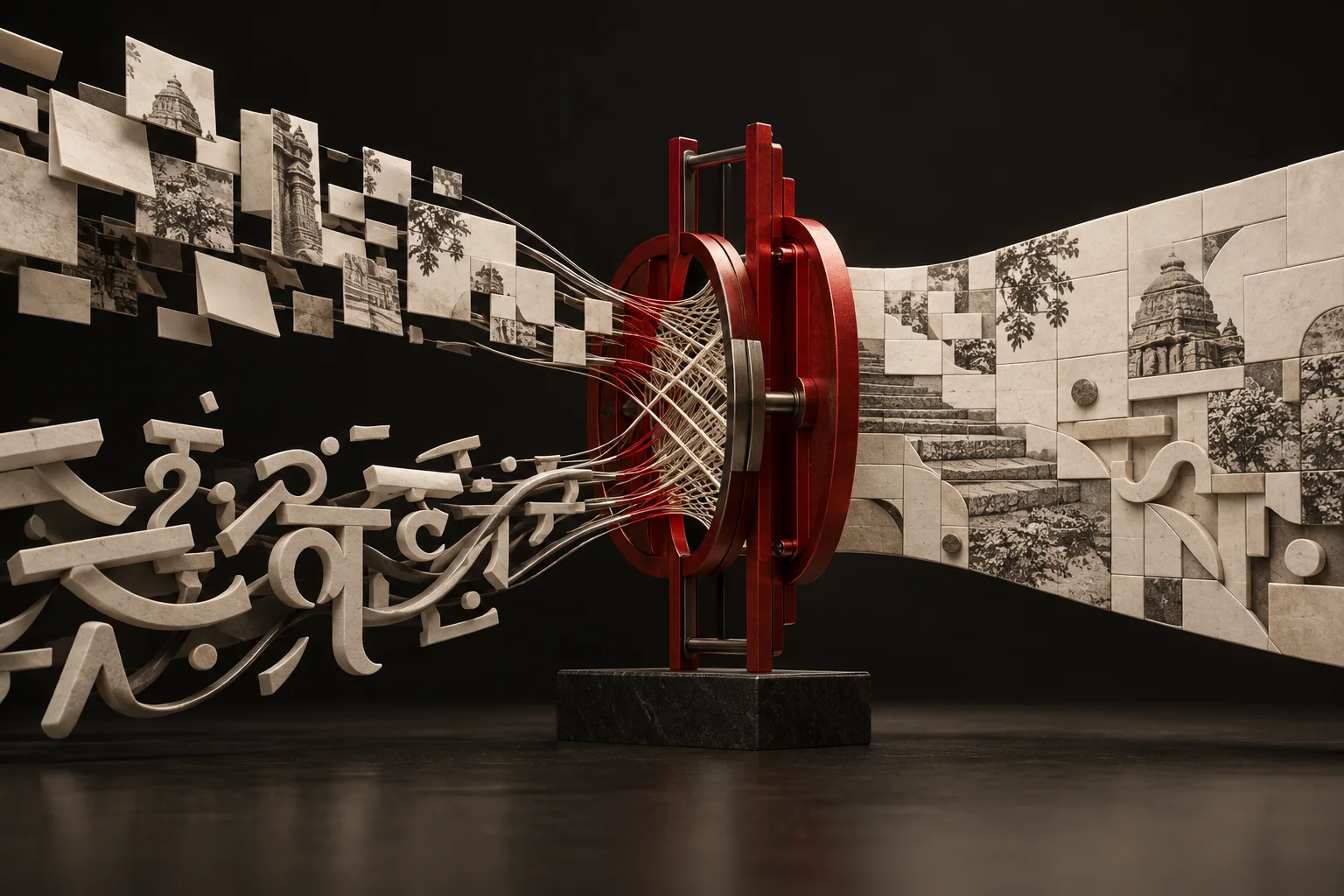 Editorial artwork of visual and language fragments converging through a learned gate