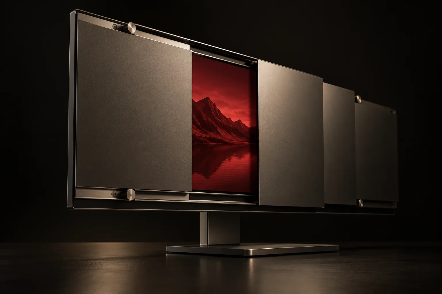 Editorial artwork of mechanical privacy shutters controlling a narrow display aperture
